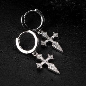 Mens Cross Dagger Iced Cz 925 Sterling Silver Huggie Dangle Rocks Hoop Earrings